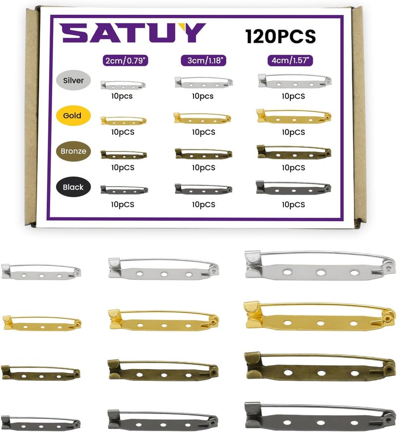Catuy 120 Pcs 3 Sizes Bar Pins, 4/5" 1-1/5" 1-3/5" Backs Safety Clasp Brooch Assortment Kit, Pin Badge Backs with Holes for Name Tags Jewelry Making and DIY Crafts (4 Colors) - Image 1